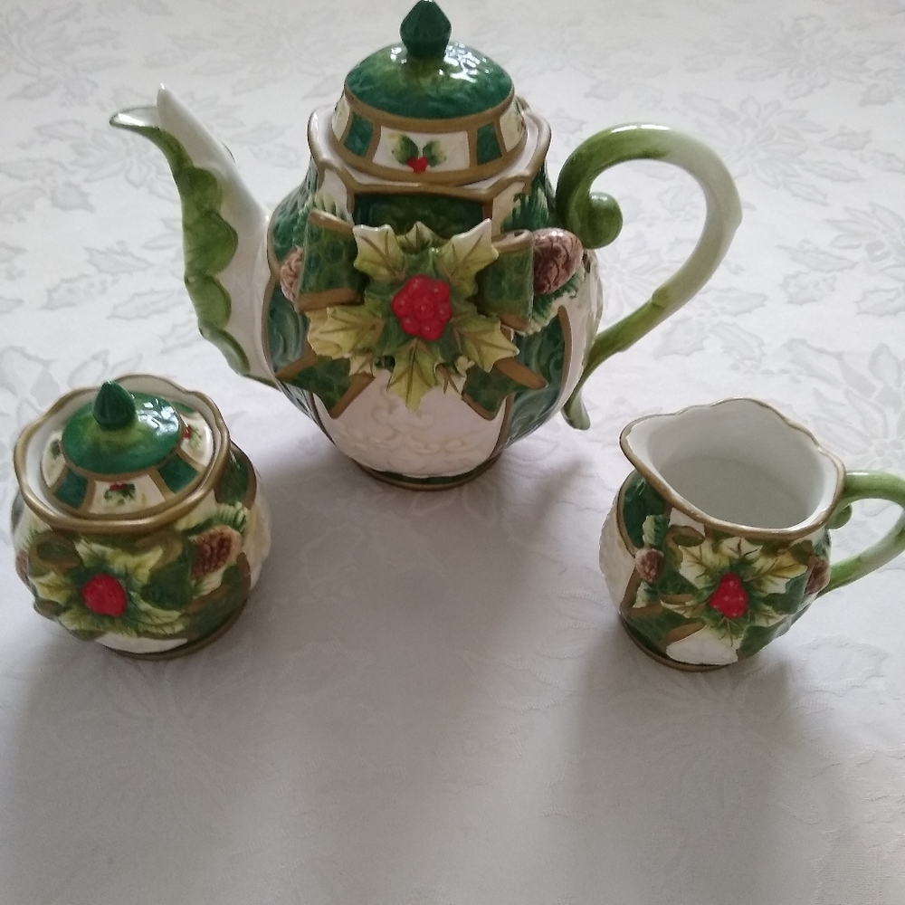 3 piece set 3D Embossed Christmas teapot Lid creamer sugar bowl handpainted